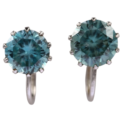 1133 - A pair of 9ct white gold blue zircon earrings, with screw-back fittings, zircon measures: 7.35 x 4.0... 