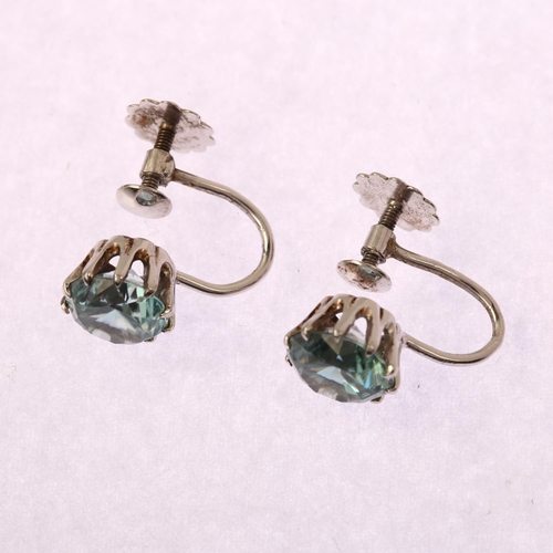 1133 - A pair of 9ct white gold blue zircon earrings, with screw-back fittings, zircon measures: 7.35 x 4.0... 