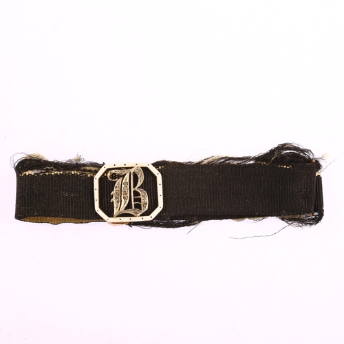 1136 - A Victorian 15ct gold diamond and enamel initial B mourning bracelet, with moire silk band, setting ... 