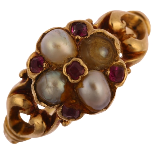 1139 - A Victorian ruby and pearl cluster ring, unmarked gold settings, with openwork foliate shoulders, se... 