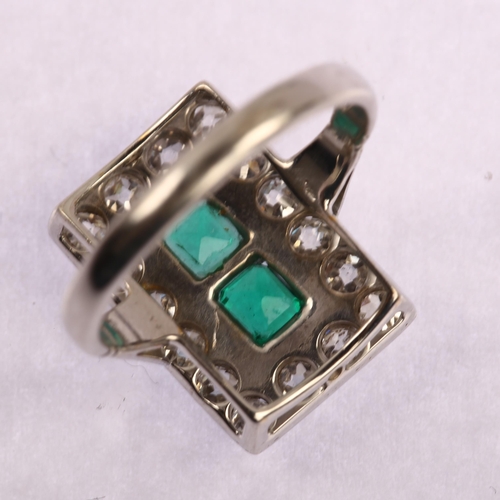 1146 - An Art Deco 18ct white gold and platinum emerald and diamond rectangular cluster panel ring, set wit... 