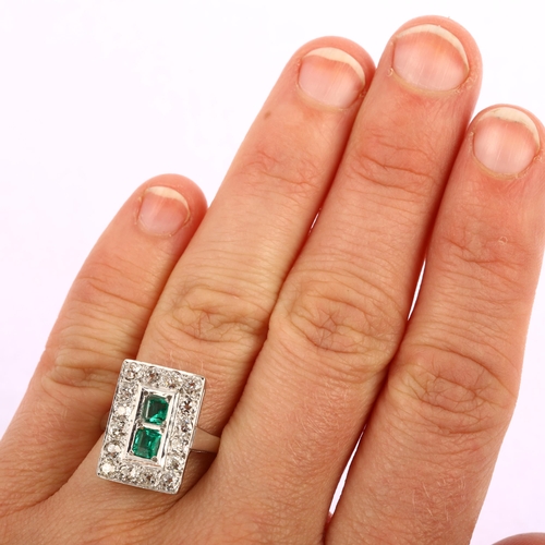 1146 - An Art Deco 18ct white gold and platinum emerald and diamond rectangular cluster panel ring, set wit... 