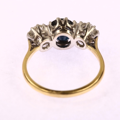 1149 - A late 20th century 18ct gold three stone sapphire and diamond ring, prong set with 1.25ct oval mixe... 