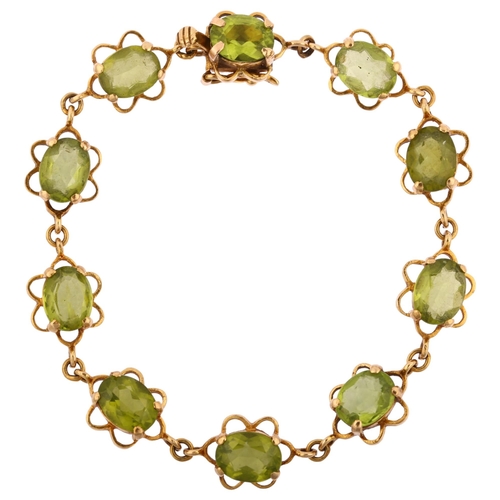 1151 - A late 20th century 9ct gold peridot line bracelet, each flowerhead panel set with an oval mixed-cut... 