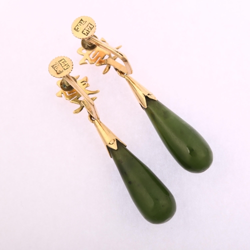 1157 - A pair of Chinese 14ct gold nephrite drop earrings, with character mark screw-back fittings, maker's... 