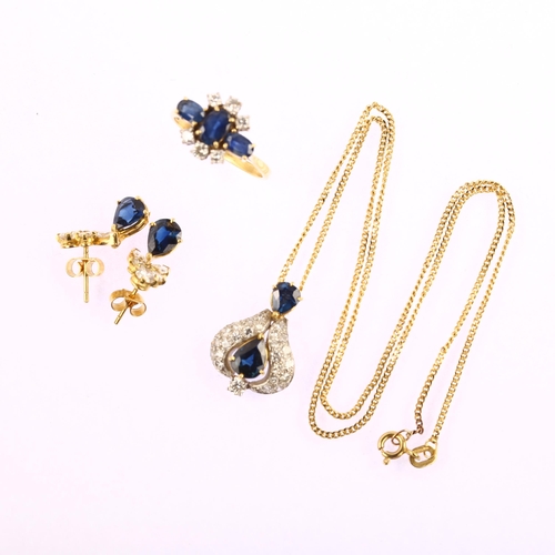 1158 - An 18ct gold sapphire and diamond demi-parure, comprising pendant necklace, ring and pair of stud ea... 