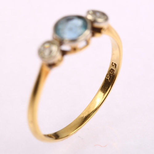 1163 - An early 20th century 18ct gold three stone aquamarine and diamond ring, bezel set with round-cut aq... 