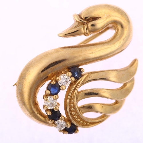 1172 - A late 20th century 9ct gold sapphire and cubic zirconia figural swan brooch, maker's marks SJ, hall... 