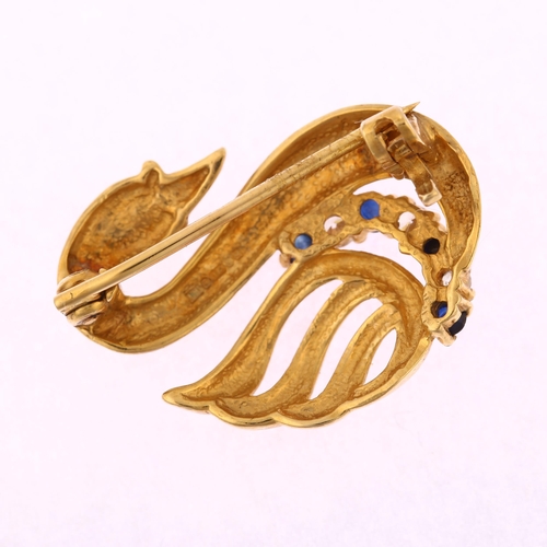 1172 - A late 20th century 9ct gold sapphire and cubic zirconia figural swan brooch, maker's marks SJ, hall... 