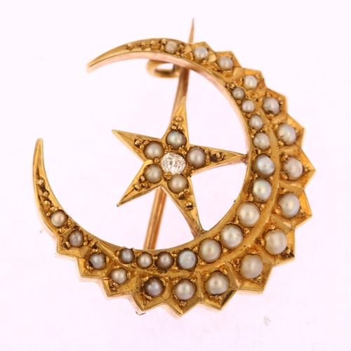 1184 - A Victorian 18ct gold split pearl and diamond star and crescent moon brooch, circa 1880, set with 0.... 