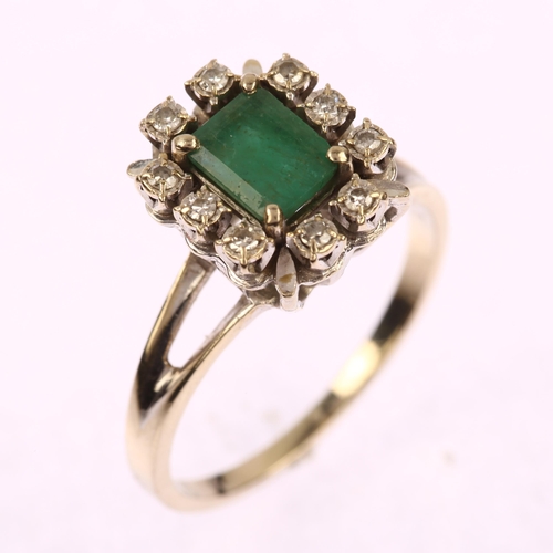 1186 - A late 20th century French white gold emerald and diamond rectangular cluster ring, set with rectang... 