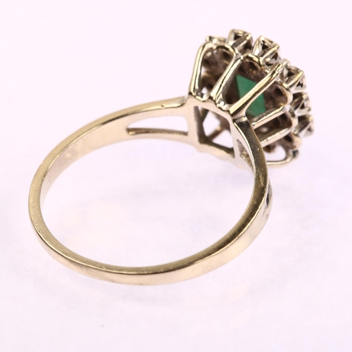 1186 - A late 20th century French white gold emerald and diamond rectangular cluster ring, set with rectang... 