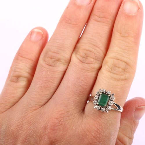 1186 - A late 20th century French white gold emerald and diamond rectangular cluster ring, set with rectang... 