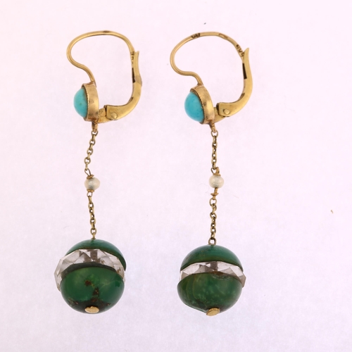 1187 - A pair of 14ct gold amazonite rock crystal turquoise and pearl drop earrings, with English lock fitt... 