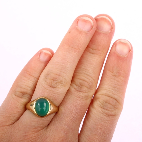 1189 - A mid-20th century 9ct gold green chalcedony signet ring, set with oval cabochon chalcedony, hallmar... 