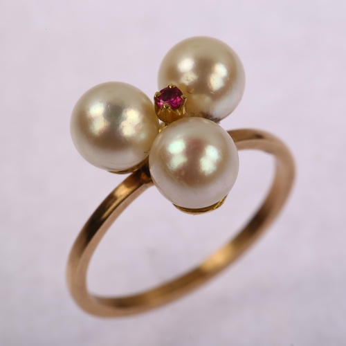 1192 - An Antique whole pearl and ruby trio ring, unmarked gold settings, setting height 11.8mm, size K, 2.... 