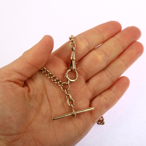 1194 - An Antique 9ct rose gold curb link Albert chain necklace, with 9ct T-bar and dog clip, no date lette... 