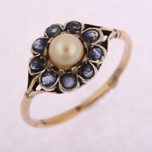 1197 - An Antique 9ct rose gold whole pearl and sapphire flowerhead cluster ring, setting height 12.4mm, si... 