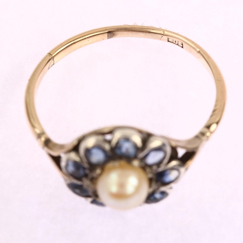 1197 - An Antique 9ct rose gold whole pearl and sapphire flowerhead cluster ring, setting height 12.4mm, si... 