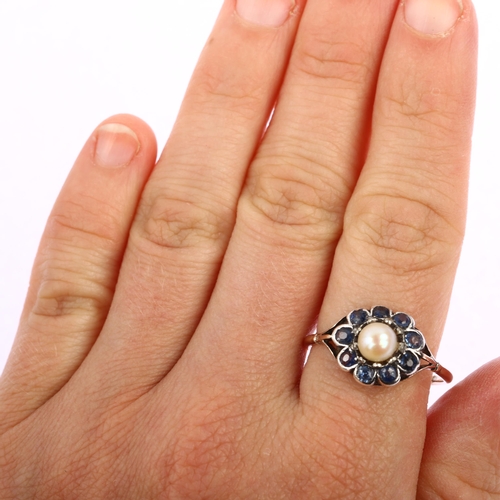 1197 - An Antique 9ct rose gold whole pearl and sapphire flowerhead cluster ring, setting height 12.4mm, si... 