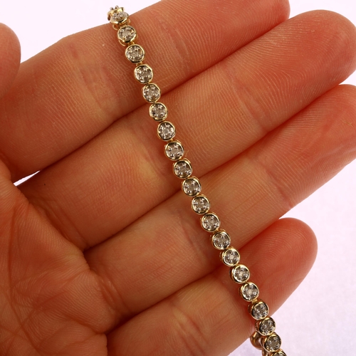 1199 - A modern 9ct gold diamond tennis line bracelet, prong set with single-cut diamonds, total diamond co... 