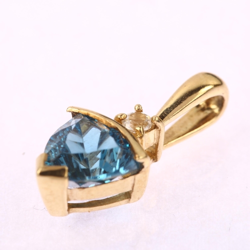 1204 - A modern 9ct gold blue and white topaz pendant, set with trillion-cut topaz, pendant height 21.2mm, ... 