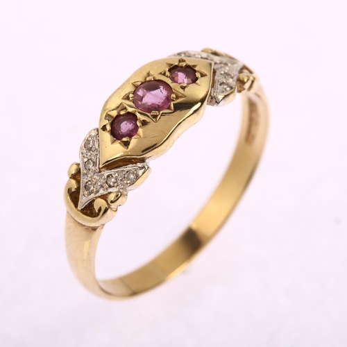 1207 - A late 20th century 9ct gold ruby and diamond gypsy ring, hallmarks Birmingham 1992, setting height ... 