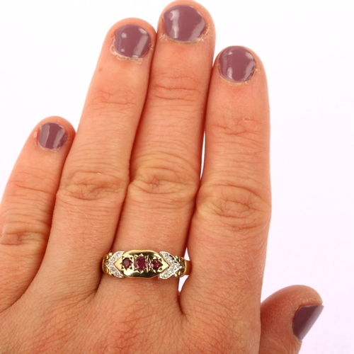 1207 - A late 20th century 9ct gold ruby and diamond gypsy ring, hallmarks Birmingham 1992, setting height ... 