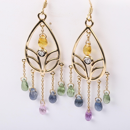 1209 - A pair of 9ct gold gem set dream catcher drop earrings, set with briolette-cut topaz peridot and cit... 