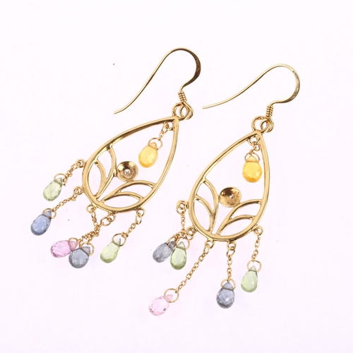 1209 - A pair of 9ct gold gem set dream catcher drop earrings, set with briolette-cut topaz peridot and cit... 