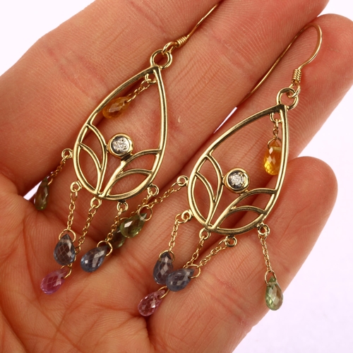 1209 - A pair of 9ct gold gem set dream catcher drop earrings, set with briolette-cut topaz peridot and cit... 