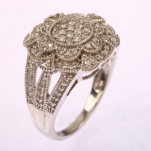 1213 - A modern 18ct white gold diamond flowerhead cluster ring, prong set with single-cut diamonds, total ... 