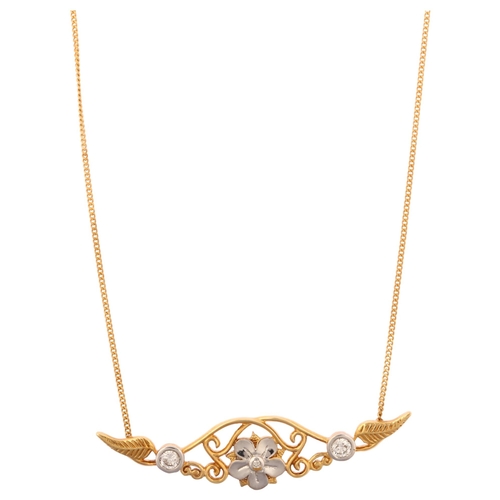 1222 - A Royal Mint 18ct two-colour gold diamond floral pendant necklace, set with modern round brilliant-c... 