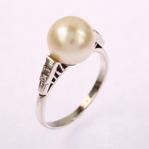 1223 - A Chinese 14ct white gold solitaire whole cultured pearl ring, with baguette-cut diamond shoulders, ... 