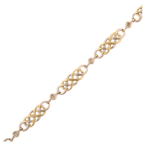 1225 - A modern 9ct gold diamond Celtic knot bracelet, length 19cm, 5.7g