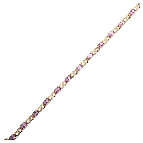 1226 - A modern 9ct gold amethyst and diamond tennis line bracelet, length 18cm, 8.2g