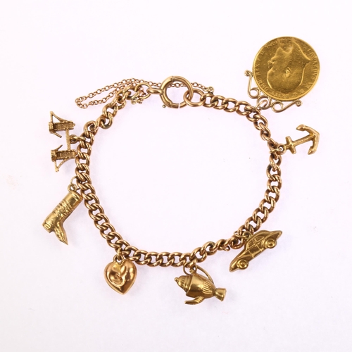 1170 - An Antique 9ct rose gold curb link charm bracelet, with Edward VII 1910 gold full sovereign coin pen... 