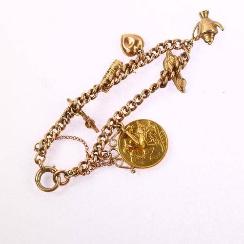 1170 - An Antique 9ct rose gold curb link charm bracelet, with Edward VII 1910 gold full sovereign coin pen... 