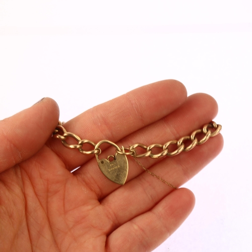 1171 - An Antique 9ct rose gold curb link chain bracelet, with later 9ct heart padlock clasp, bracelet leng... 