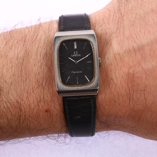 1012 - OMEGA - a stainless steel Geneve mechanical wristwatch, circa 1970s, black dial with silvered baton ... 