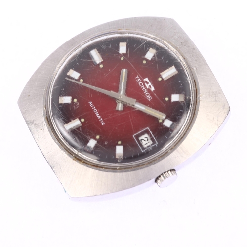 1014 - TECHNOS - a stainless steel automatic wristwatch head, ref. 10182, circa 1970s, red dial with block ... 