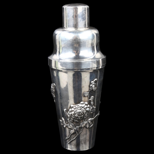 1499 - A Chinese export silver Chrysanthemum cocktail shaker, with high relief embossed decoration, by Kwo ... 