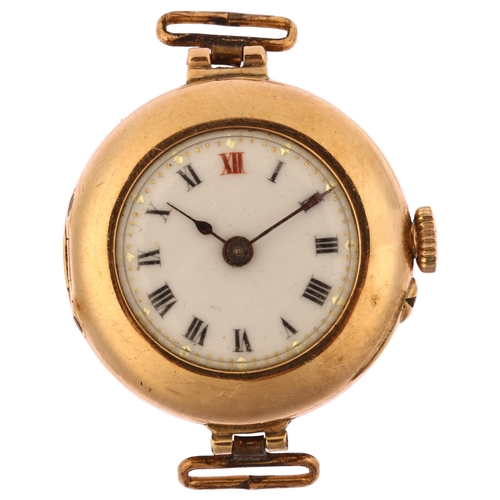 1020 - A First World War Period 9ct rose gold Officer's trench style mechanical wristwatch head, white enam... 