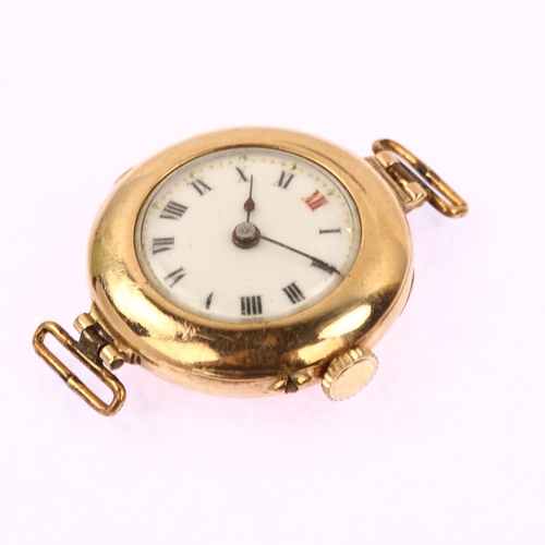 1020 - A First World War Period 9ct rose gold Officer's trench style mechanical wristwatch head, white enam... 