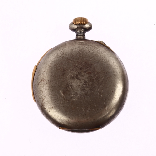 1059 - An early 20th century gun-metal open-face keyless hour repeater pocket watch, white enamel dial with... 