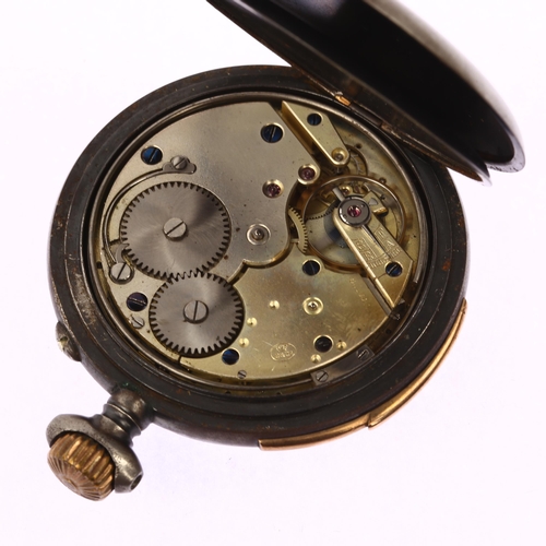 1059 - An early 20th century gun-metal open-face keyless hour repeater pocket watch, white enamel dial with... 