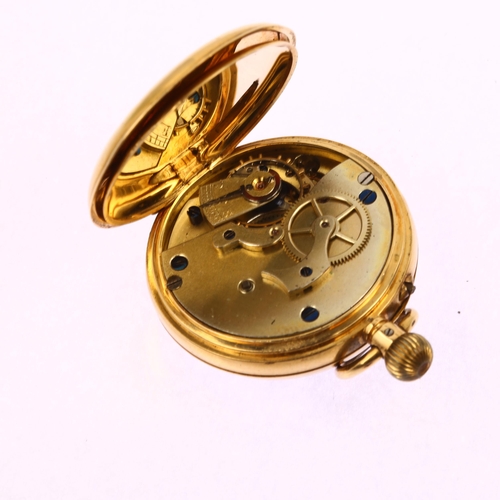 1060 - A Swiss 18ct gold open-face keyless fob watch, white enamel dial with Roman numeral hour markers, bl... 