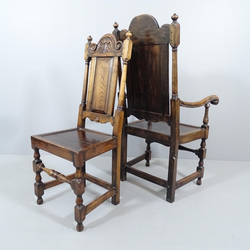 2050 - An antique oak oak plank top dining table, possibly by Titchmarsh and Godwin, with breadboard ends, ... 