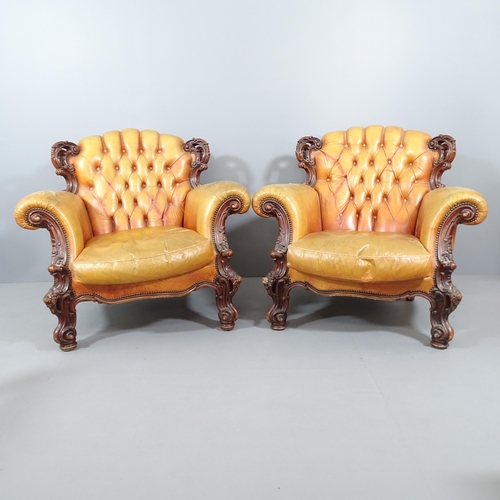 2059 - A pair of 19th century continental oak and button-back studded leather upholstered baroque armchairs... 