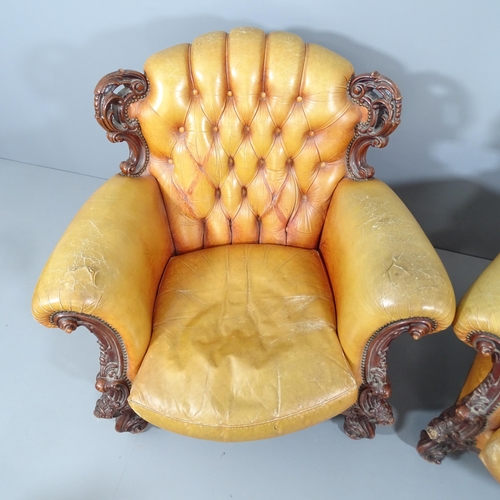 2059 - A pair of 19th century continental oak and button-back studded leather upholstered baroque armchairs... 